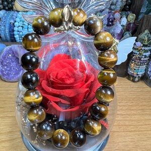 Yellow Tiger Eye 12MM Beaded Bracelet 7” Natural Quartz Crystal Beautiful Flash